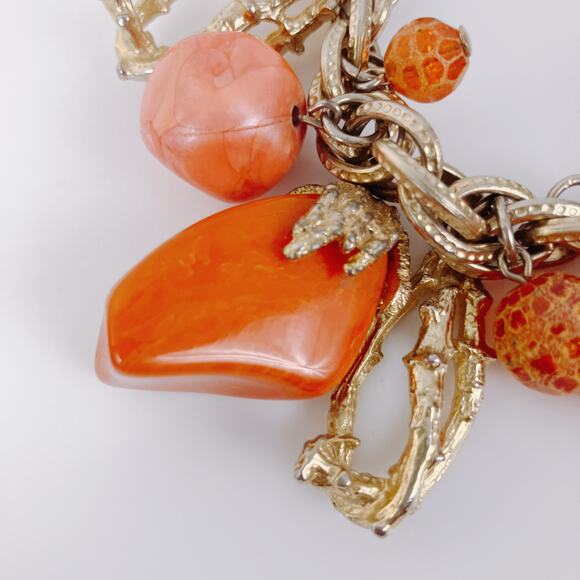 Vintage 1960s Gold Tone Orange Acrylic Charm Bracelet Abstract Mod Brutalist - Picture 4 of 9